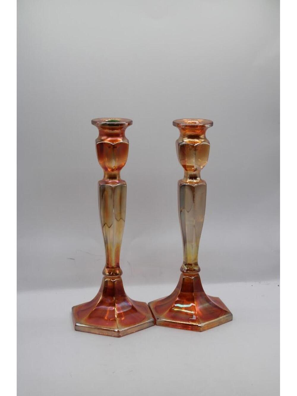 1920's Vintage Fenton Art Glass Florentine Marigold Iridescent Candlestick Pair
